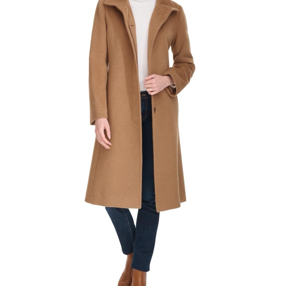 Cole Haan Womens Stand-Collar Single-Breasted Wool Blend Coat - Tan